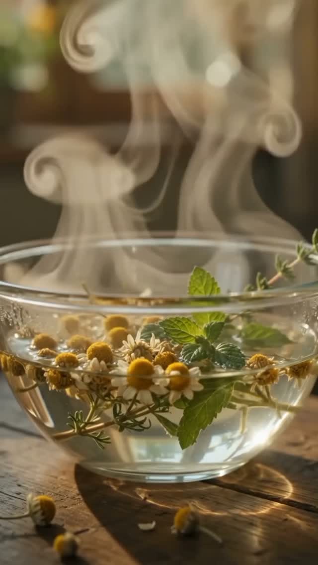 Chamomile flowers steeping in a glass bowl, steam rising